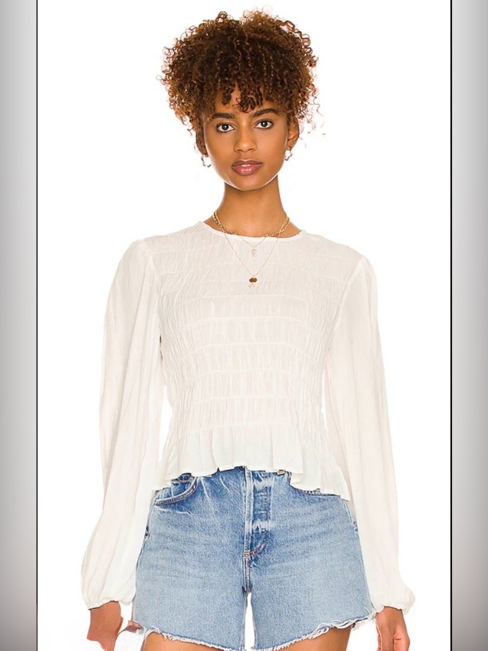 Sanctuary Stay Together White Smocked Long-Sleeve Blouse